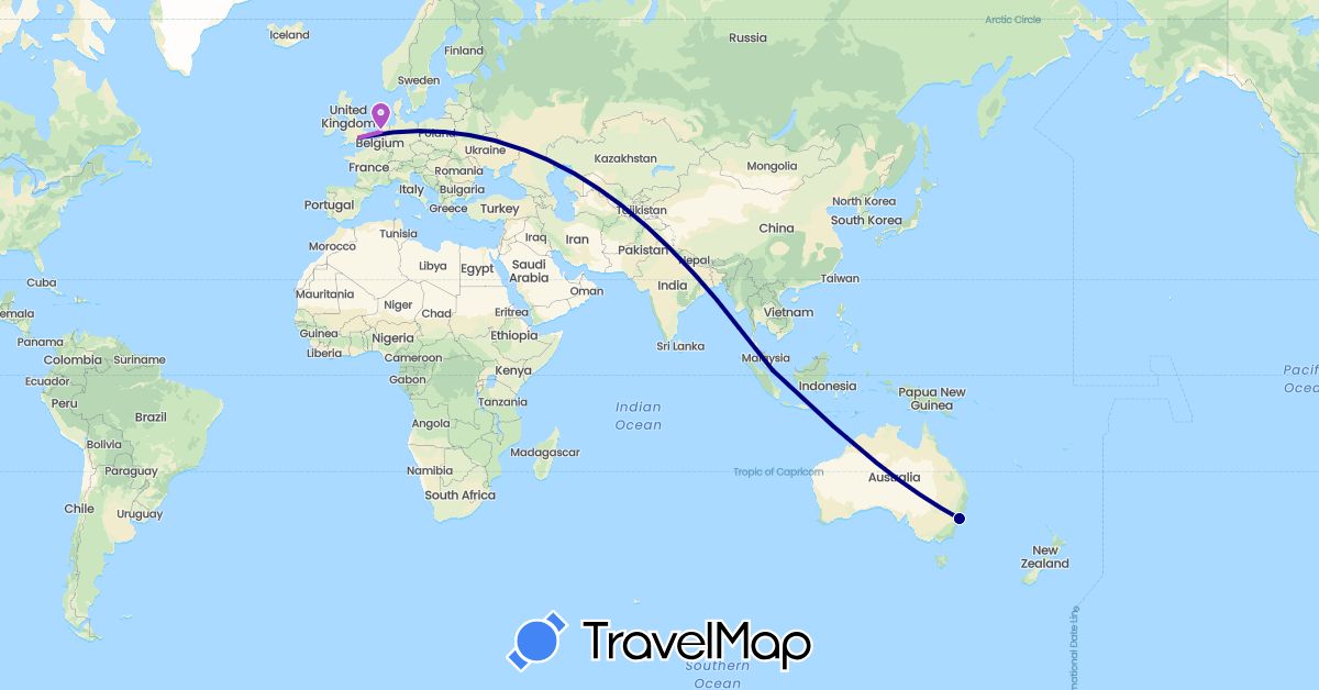 TravelMap itinerary: driving, train in Australia, United Kingdom, Netherlands, Singapore (Asia, Europe, Oceania)